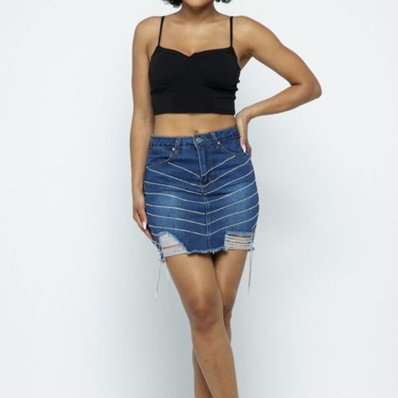 Distressed Denim Skirt with Rhinestone Trim - Picture 2 of 6